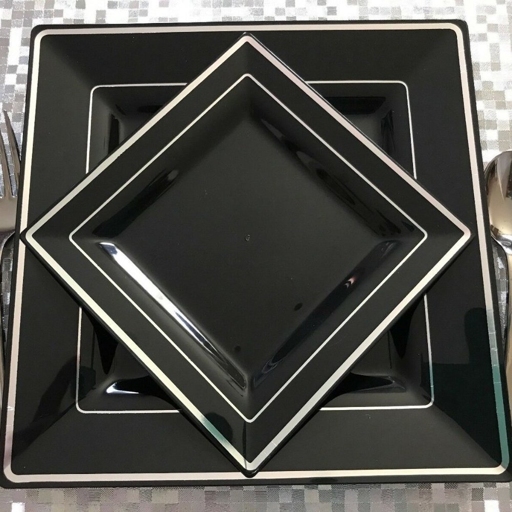 COPY - Disposable Plastic Plates Black silver 60 Packs (30 large) (30 small)